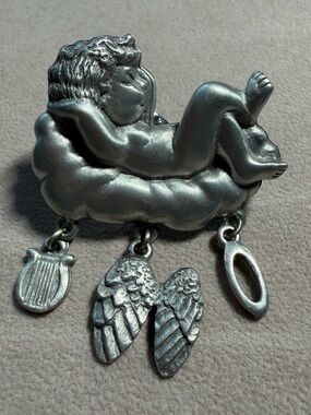 Vintage L.C.D. Pewter Sleeping Angel on Cloud Dangle Lapel Pin